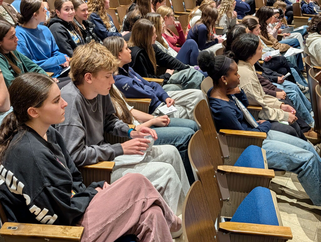 Students listen to oral arguments as the Rhode Island Supreme Court justices hear oral arguments in three cases in the auditorium at North Smithfield High School on Thursday, April 2, 2026.