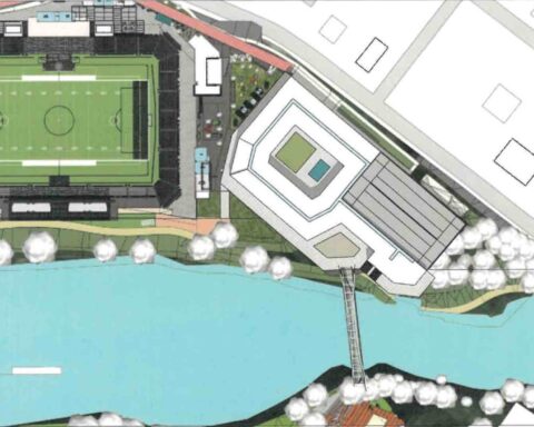 The stadium side of the riverfront.