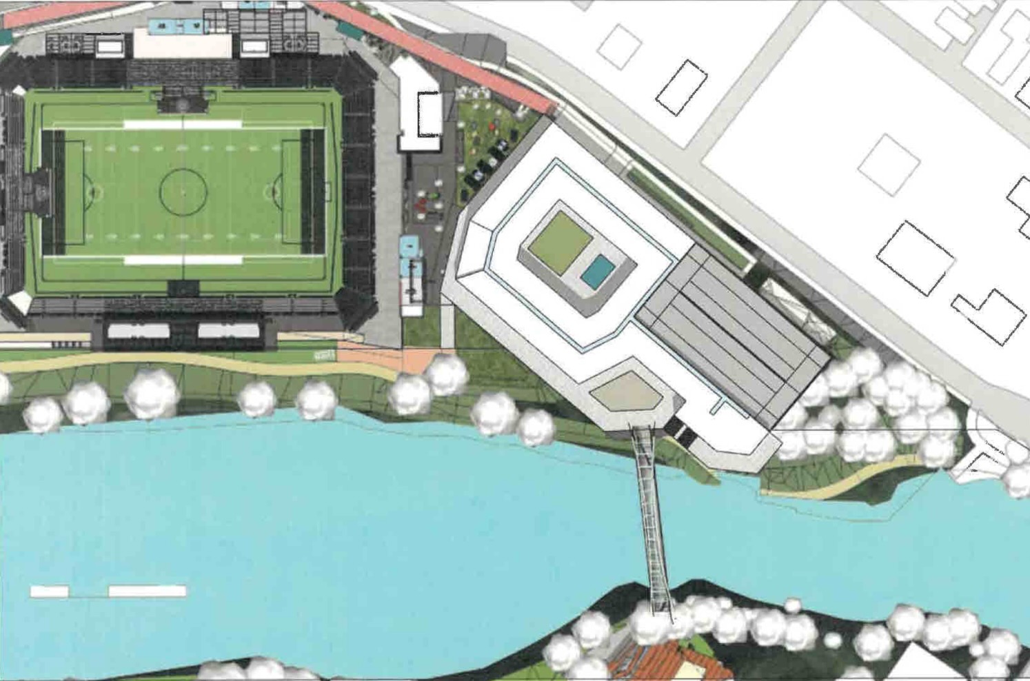 The stadium side of the riverfront.