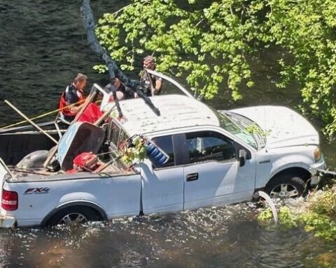 The truck in the water.