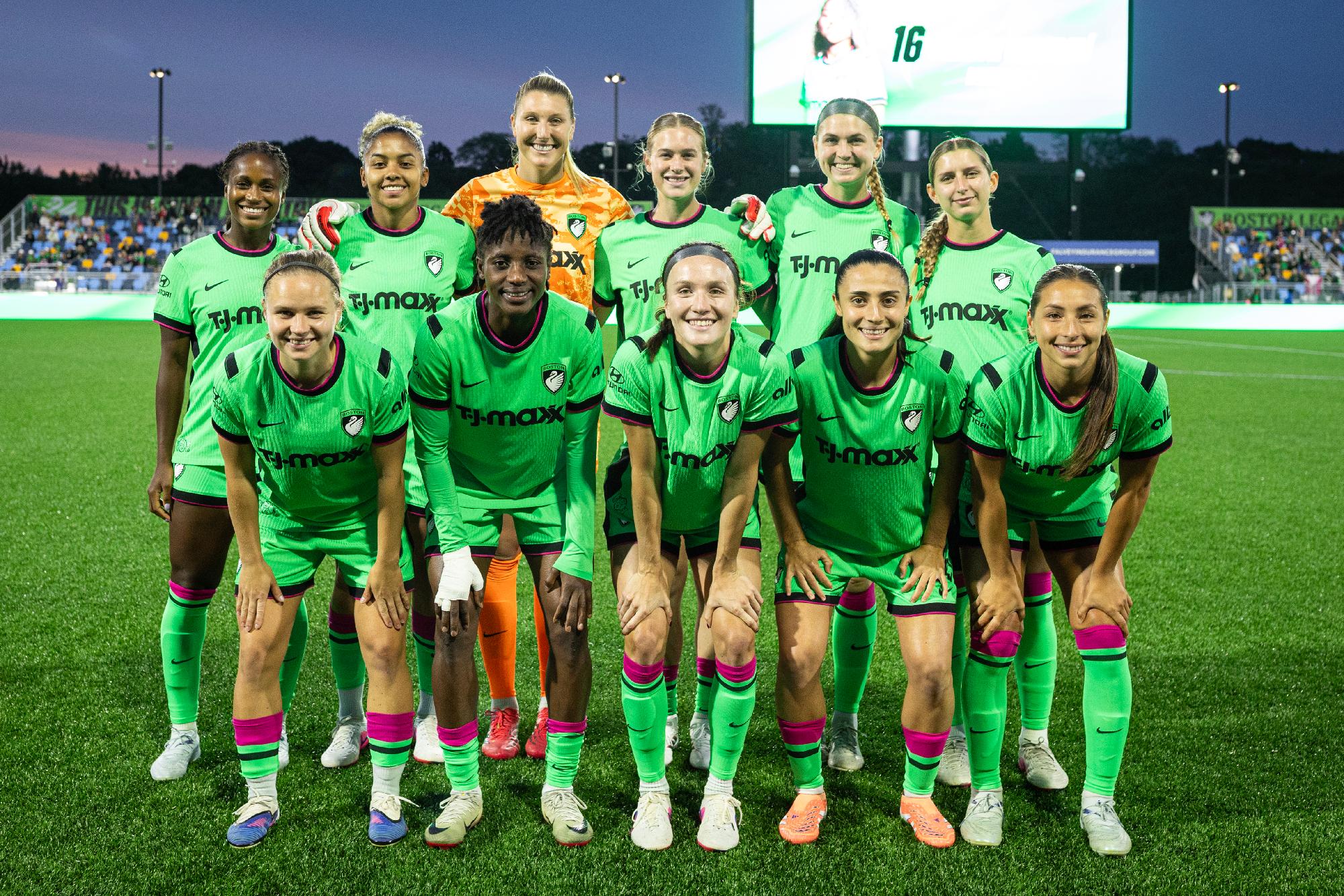 Boston Legacy FC pose for their pre-match photo on the field at Centreville Bank Stadium.