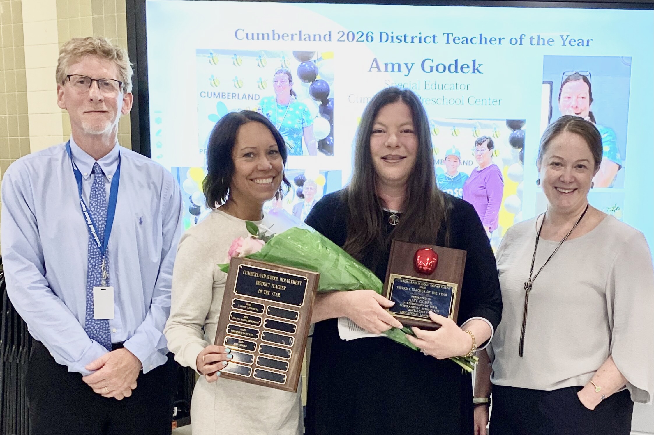At Amy Godek's May 14 recognition are, from left, Supt. Phil Thornton, Cumberland Preschool Center Principal Rachel Powell, Godek, and School Committee Chairperson Amy Vogel. (Insider photo by Ethan Shorey)
