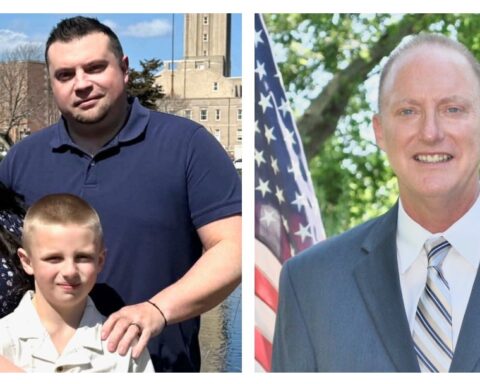 Tyler McFeeters and family, left, and David Moran, right.