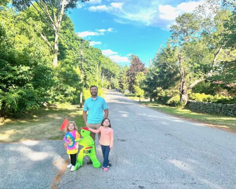 John Taglione with his children on Old Great Road.