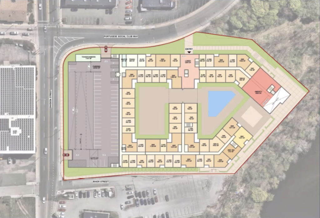 The aerial plans for 45 Division St., including a parking garage at left with an entrance onto Portuguese Social Club Way.