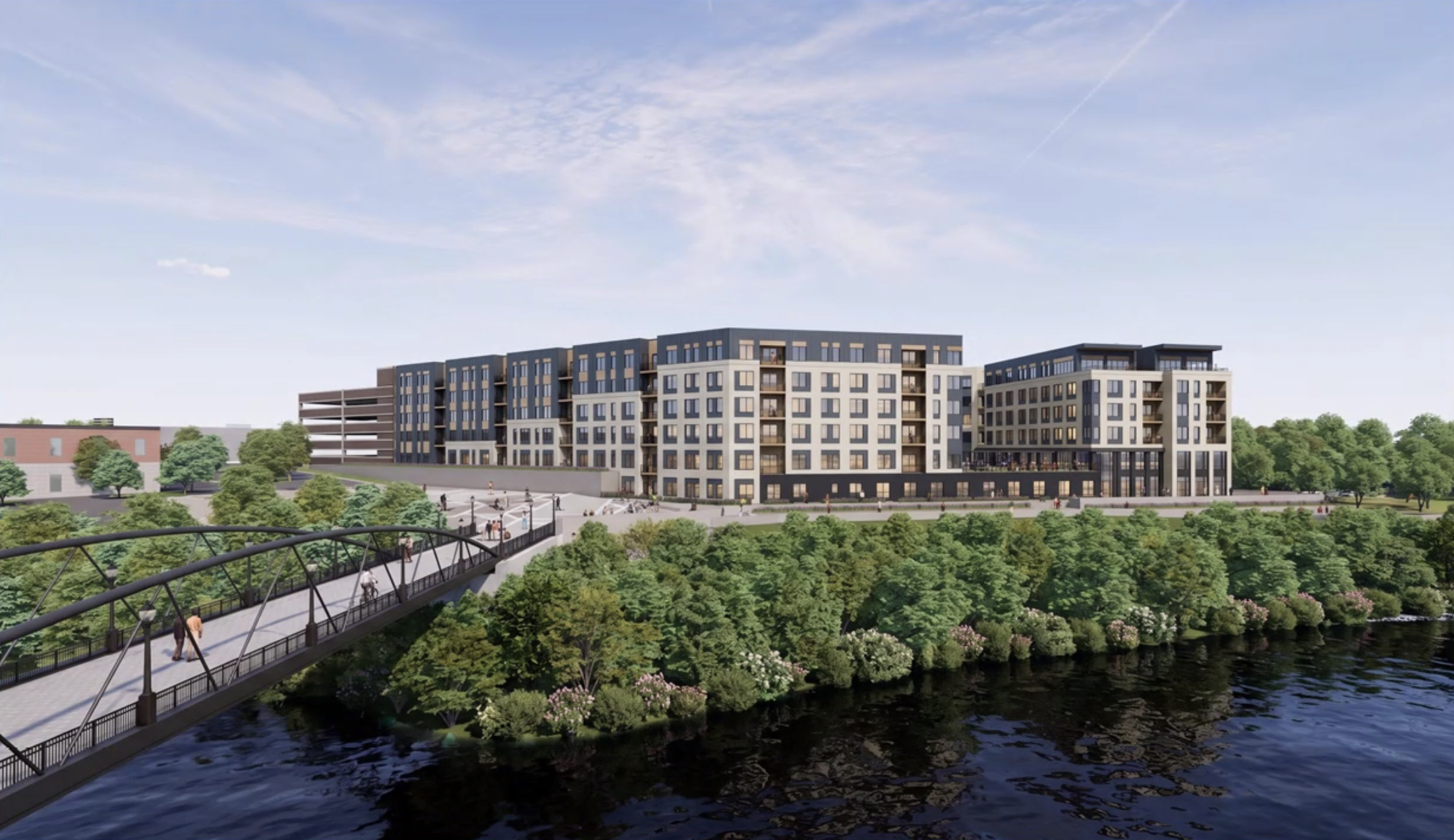The rendering view of the pedestrian bridge and residential complex at Tidewater Landing.