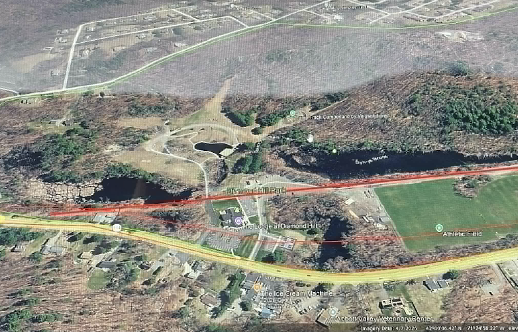 A dark line shows the pipeline's path through Diamond Hill Park.