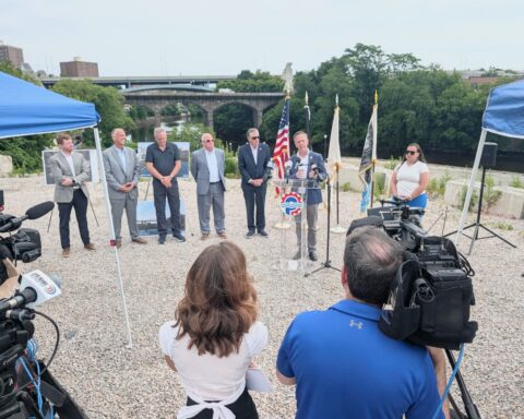 Dan Kroeber speaks during Monday's event near Centreville Bank Stadium.