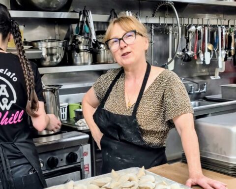 Marta Samek explains the pierogi-making process.