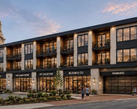 A rendering of what's proposed to replace the former Apex Tire Center, one of many parcels included in the city's request for proposals.