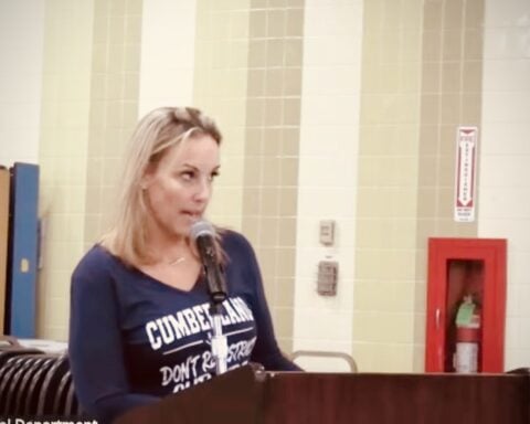 Lisa O’Connell shares her concerns with the Cumberland School Committee on Thursday