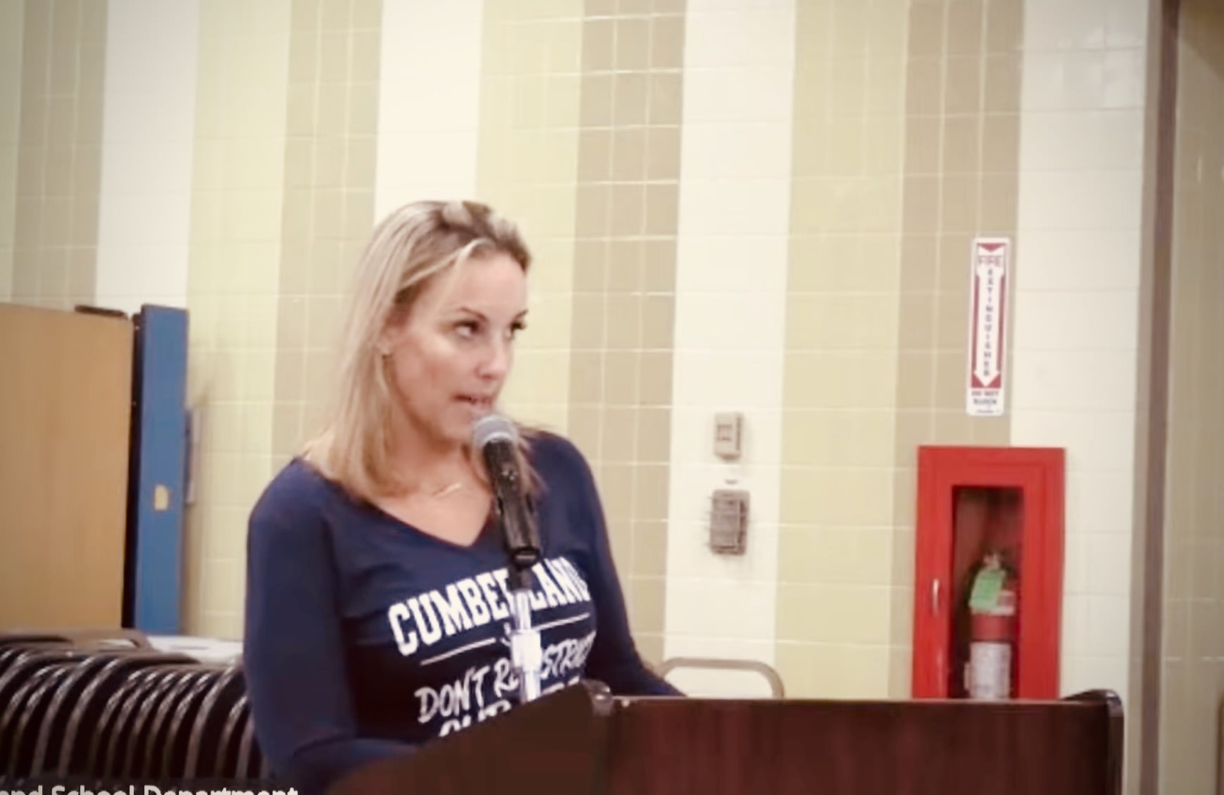 Lisa O’Connell shares her concerns with the Cumberland School Committee on Thursday