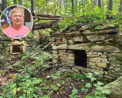 Betty Mencucci and the old foundation off Broncos Highway.