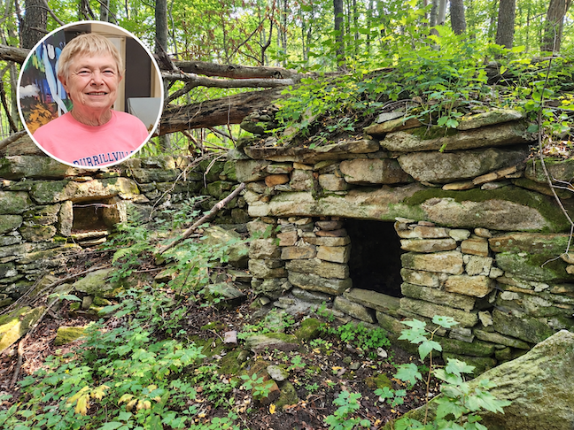 Betty Mencucci and the old foundation off Broncos Highway.